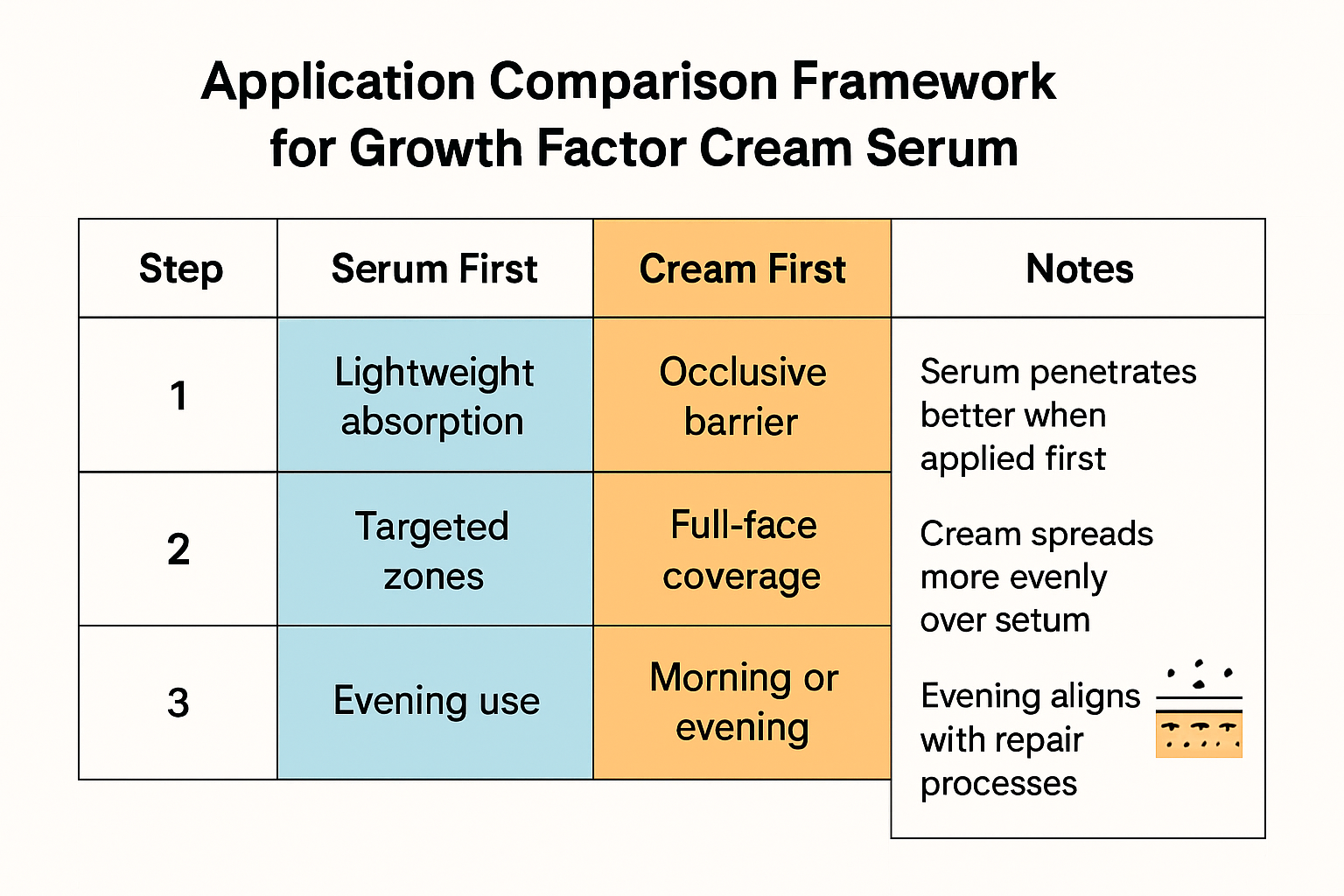 Comparison table infographic showing three steps of applying growth factor cream serum with two methods: 'Serum First' vs 'Cream First', highlighting differences in absorption, coverage, and timing along with notes.