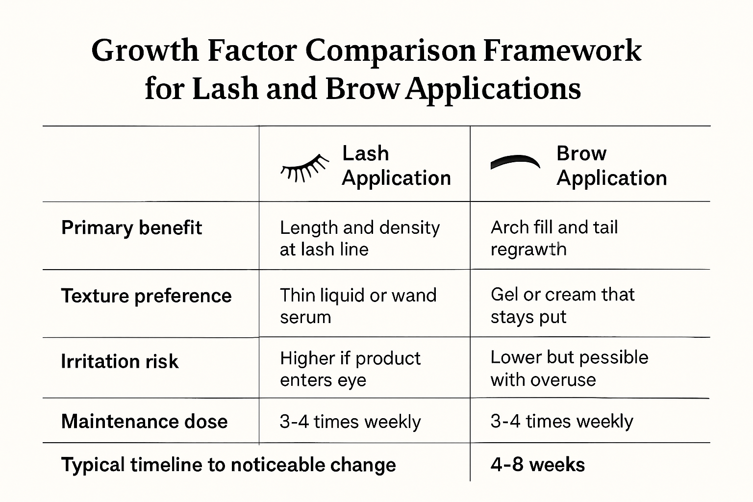 A comparison chart detailing differences between growth factor serums for lashes and brows, covering benefits, texture, irritation risk, maintenance, and timeline for results.